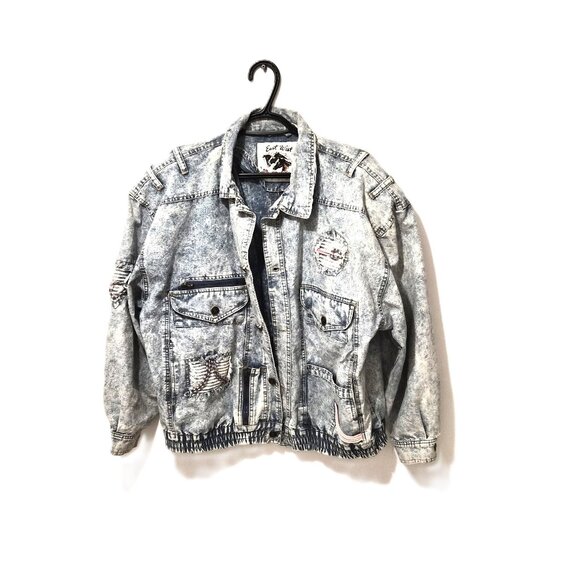 Vintage 80s Acid Wash Denim Jacket L East West Grunge Y2K Distressed Clubwear - Picture 1 of 10